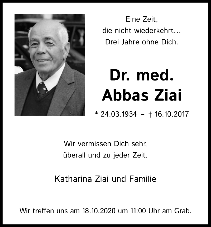  Traueranzeige für Abbas Ziai vom 17.10.2020 aus Kölner Stadt-Anzeiger / Kölnische Rundschau / Express