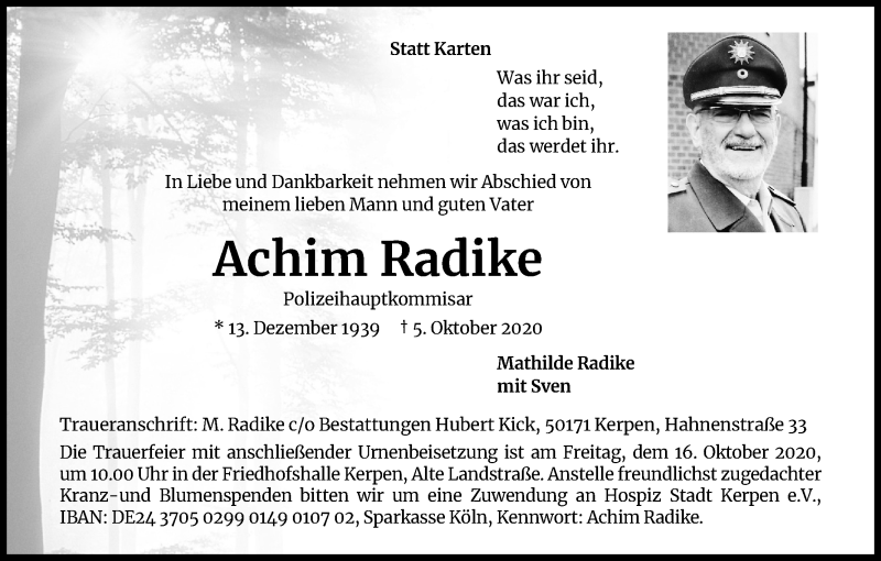  Traueranzeige für Achim Radike vom 10.10.2020 aus Kölner Stadt-Anzeiger / Kölnische Rundschau / Express
