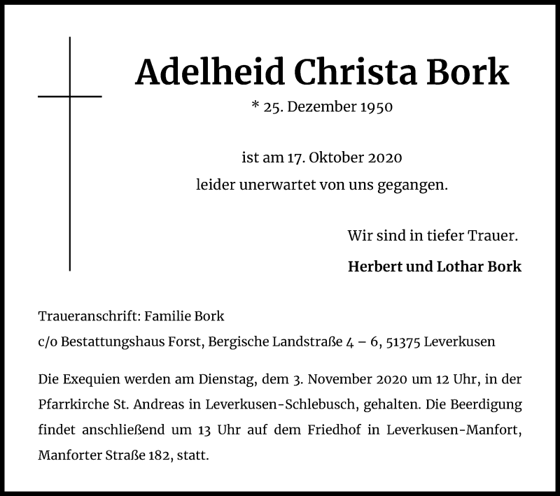  Traueranzeige für Adelheid Christa Bork vom 24.10.2020 aus Kölner Stadt-Anzeiger / Kölnische Rundschau / Express