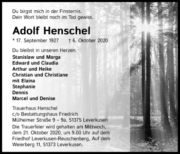 Anzeige von Adolf Henschel von Kölner Stadt-Anzeiger / Kölnische Rundschau / Express