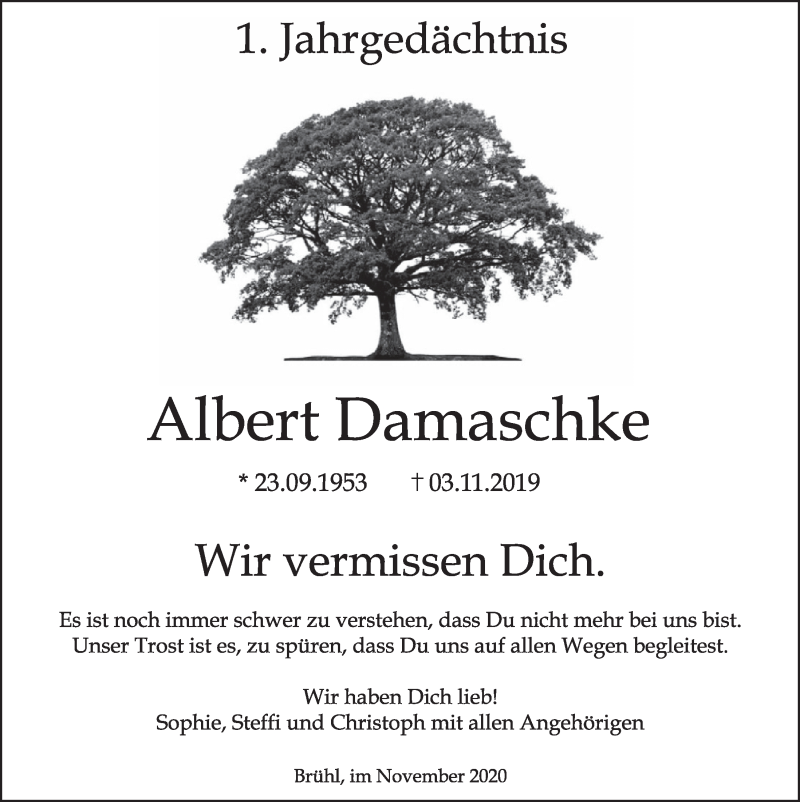  Traueranzeige für Albert Damaschke vom 30.10.2020 aus  Schlossbote/Werbekurier 