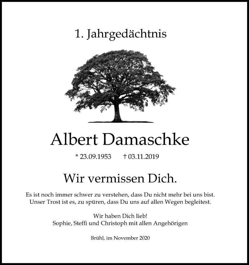  Traueranzeige für Albert Damaschke vom 31.10.2020 aus Kölner Stadt-Anzeiger / Kölnische Rundschau / Express