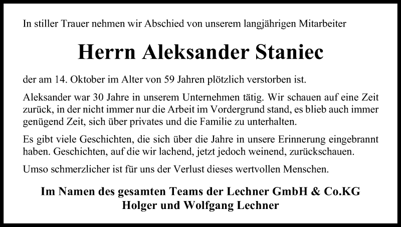  Traueranzeige für Aleksander Staniec vom 17.10.2020 aus Kölner Stadt-Anzeiger / Kölnische Rundschau / Express