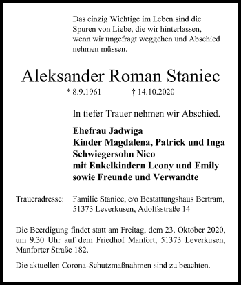 Anzeige von Aleksander Roman Staniec von Kölner Stadt-Anzeiger / Kölnische Rundschau / Express