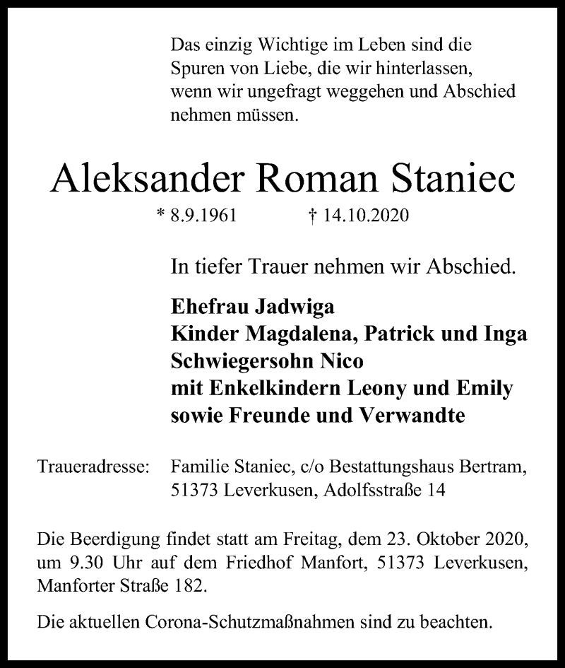  Traueranzeige für Aleksander Roman Staniec vom 17.10.2020 aus Kölner Stadt-Anzeiger / Kölnische Rundschau / Express