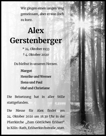 Anzeige von Alex Gerstenberger von Kölner Stadt-Anzeiger / Kölnische Rundschau / Express