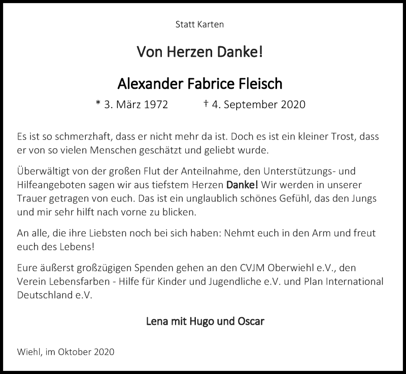  Traueranzeige für Alexander Fabrice Fleisch vom 17.10.2020 aus Kölner Stadt-Anzeiger / Kölnische Rundschau / Express