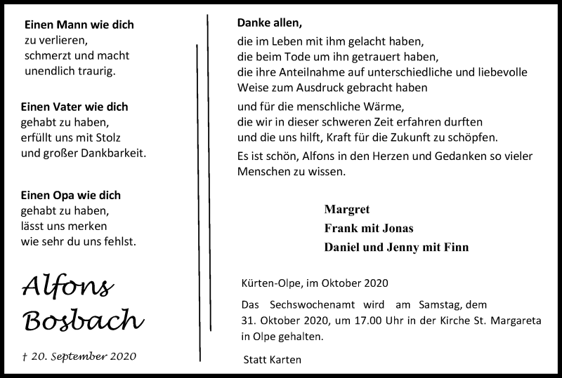  Traueranzeige für Alfons Bosbach vom 28.10.2020 aus Kölner Stadt-Anzeiger / Kölnische Rundschau / Express