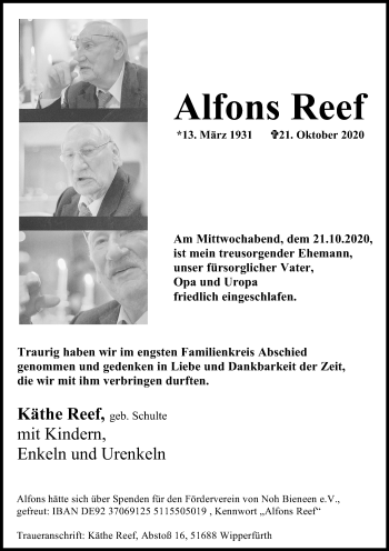 Anzeige von Alfons Reef von Kölner Stadt-Anzeiger / Kölnische Rundschau / Express