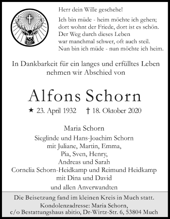 Anzeige von Alfons Schorn von Kölner Stadt-Anzeiger / Kölnische Rundschau / Express