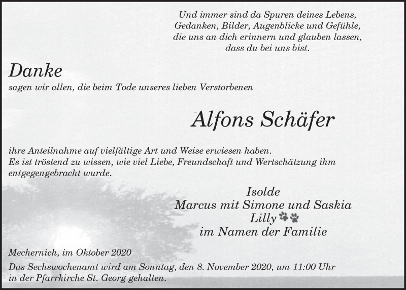  Traueranzeige für Alfons Schäfer vom 17.10.2020 aus  Blickpunkt Euskirchen 