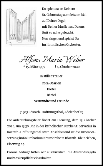 Anzeige von Alfons Maria Weber von Kölner Stadt-Anzeiger / Kölnische Rundschau / Express