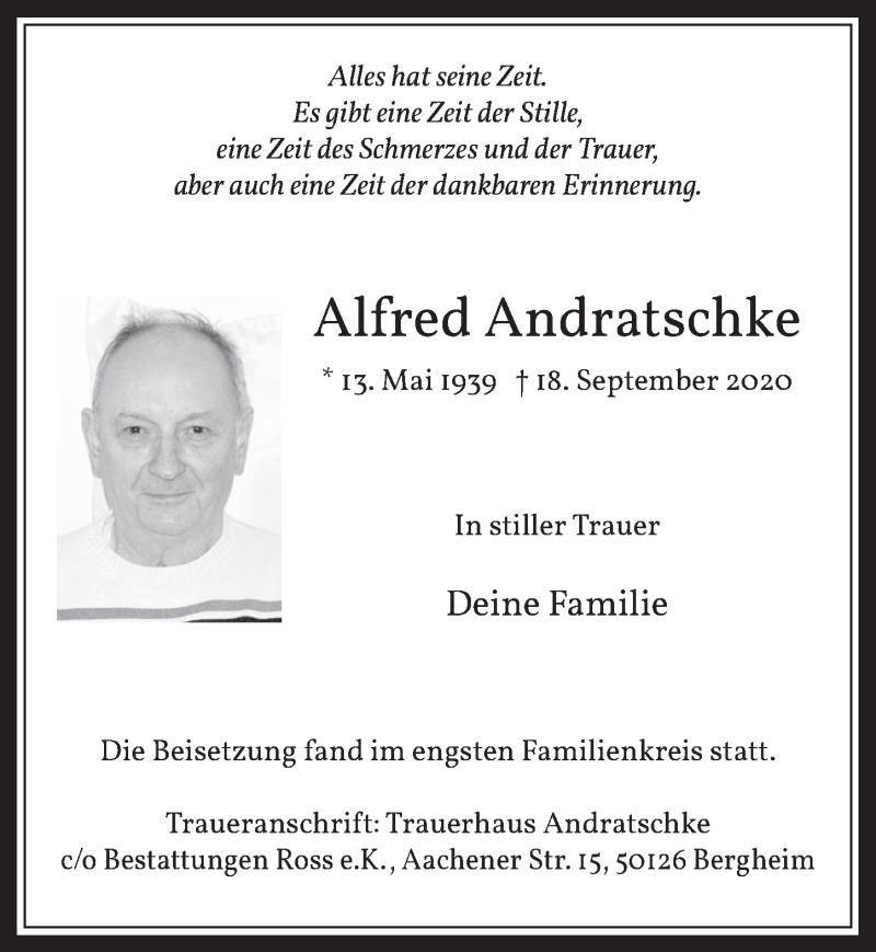  Traueranzeige für Alfred Andratschke vom 16.10.2020 aus  Wochenende 