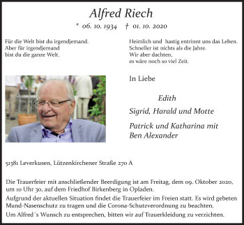 Anzeige von Alfred Riech von Kölner Stadt-Anzeiger / Kölnische Rundschau / Express