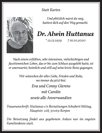 Anzeige von Alwin Huttanus von  Werbepost 