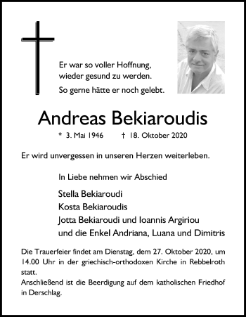 Anzeige von Andreas Bekiaroudis von Kölner Stadt-Anzeiger / Kölnische Rundschau / Express