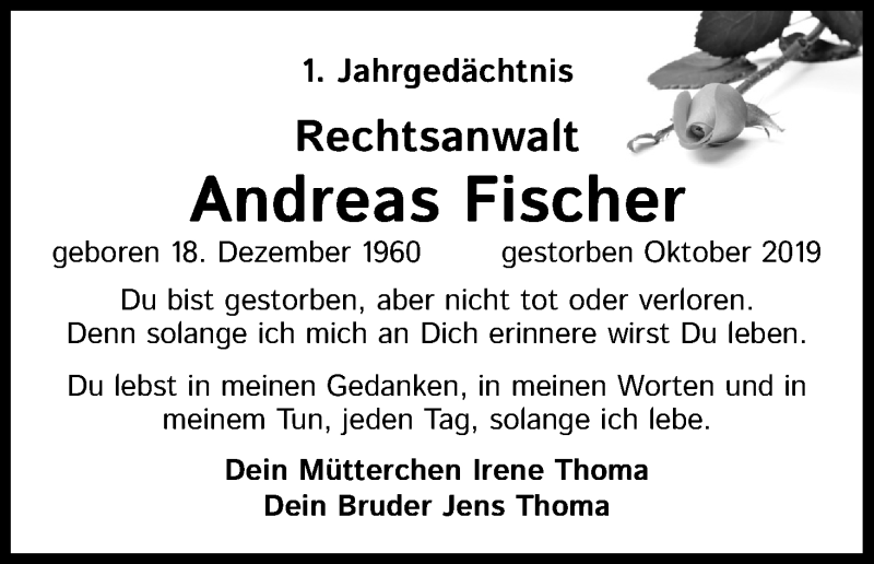  Traueranzeige für Andreas Fischer vom 10.10.2020 aus Kölner Stadt-Anzeiger / Kölnische Rundschau / Express