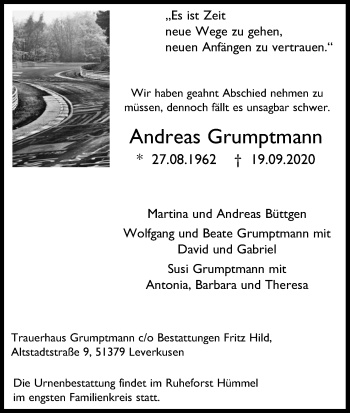 Anzeige von Andreas Grumptmann von Kölner Stadt-Anzeiger / Kölnische Rundschau / Express