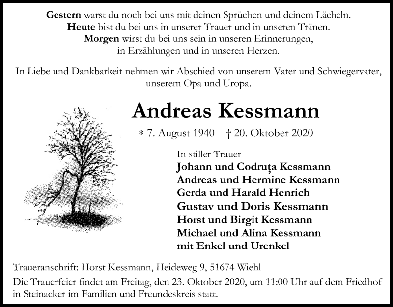  Traueranzeige für Andreas Kessmann vom 22.10.2020 aus Kölner Stadt-Anzeiger / Kölnische Rundschau / Express