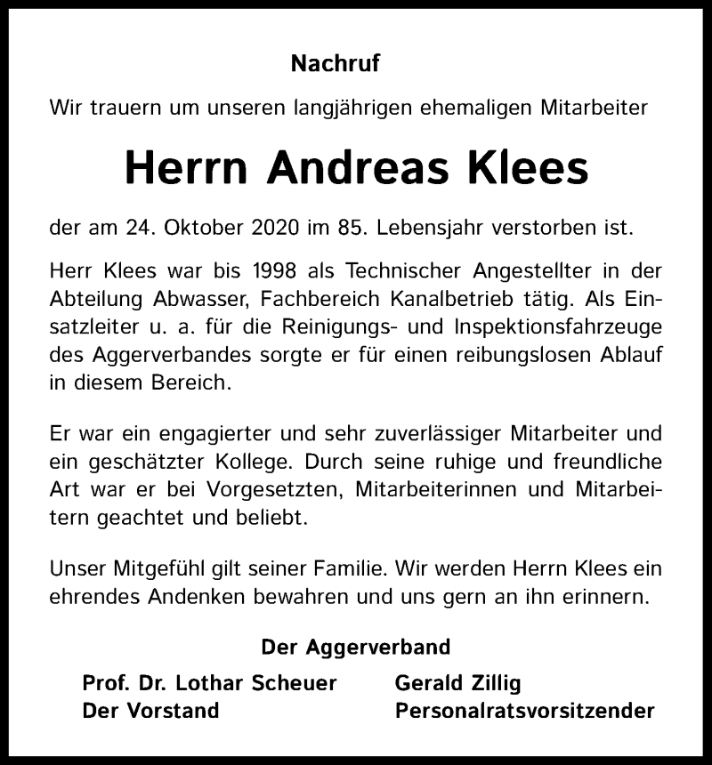  Traueranzeige für Andreas Klees vom 30.10.2020 aus Kölner Stadt-Anzeiger / Kölnische Rundschau / Express