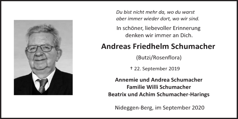  Traueranzeige für Andreas Friedhelm Schumacher vom 26.09.2020 aus  Blickpunkt Euskirchen 