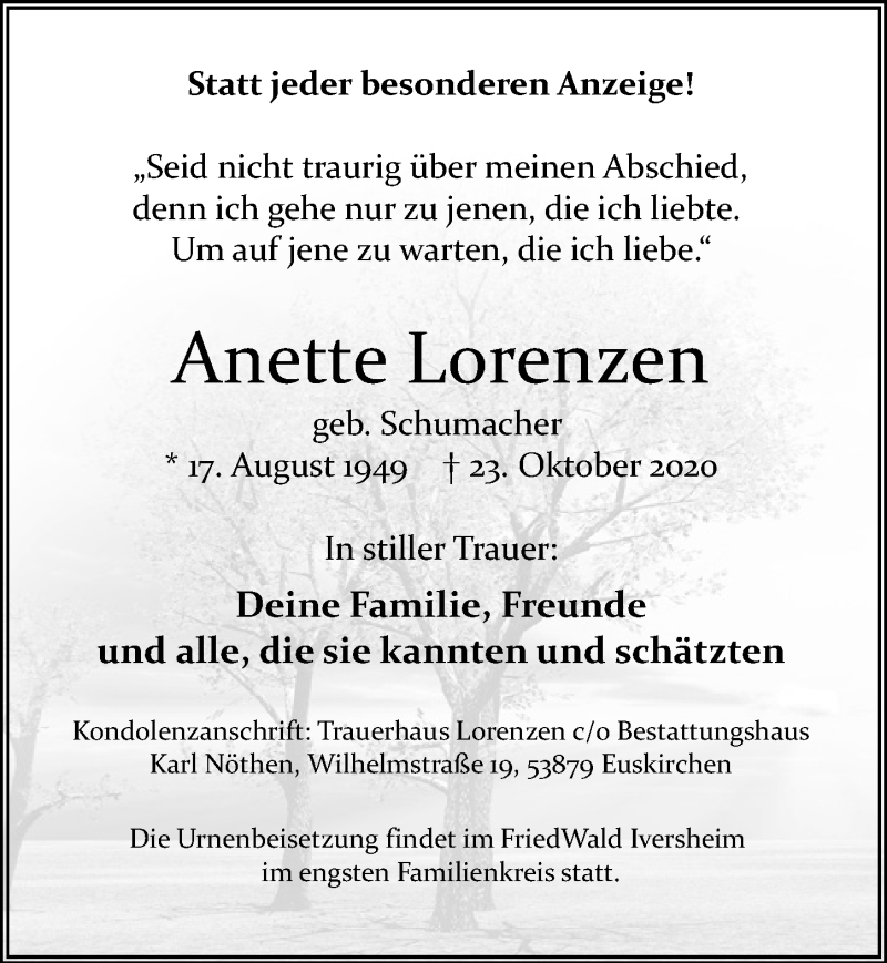  Traueranzeige für Anette Lorenzen vom 31.10.2020 aus  Blickpunkt Euskirchen 