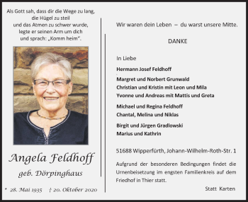 Anzeige von Angela Feldhoff von Kölner Stadt-Anzeiger / Kölnische Rundschau / Express