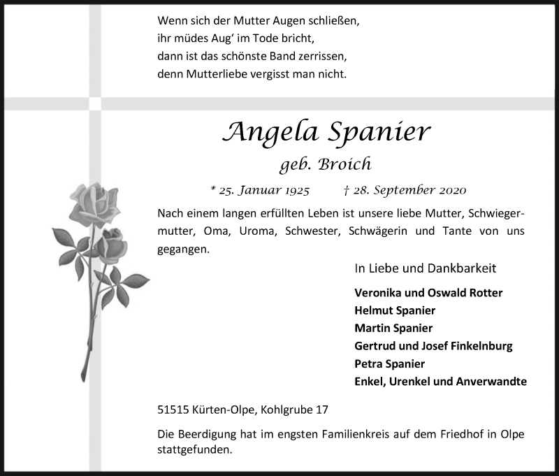  Traueranzeige für Angela Spanier vom 17.10.2020 aus Kölner Stadt-Anzeiger / Kölnische Rundschau / Express