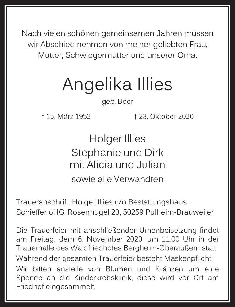 Traueranzeige für Angelika Illies vom 30.10.2020 aus  Werbepost 