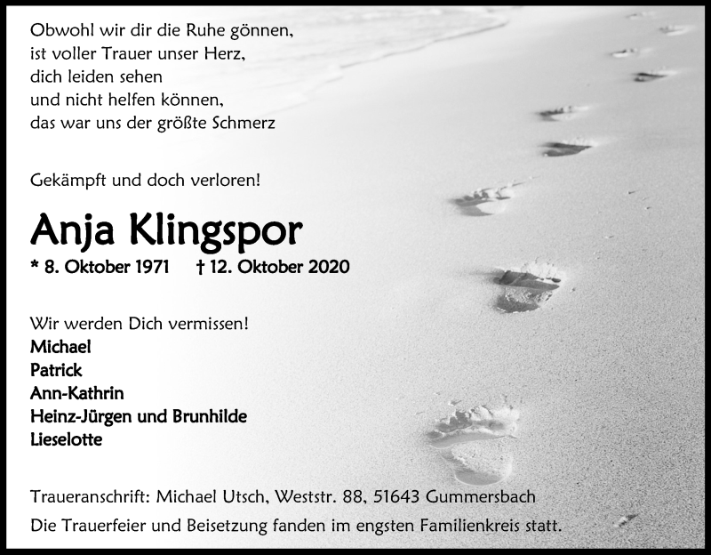  Traueranzeige für Anja Klingspor vom 24.10.2020 aus Kölner Stadt-Anzeiger / Kölnische Rundschau / Express
