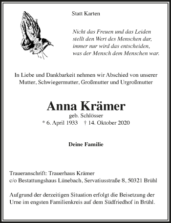 Anzeige von Anna Krämer von  Schlossbote/Werbekurier 
