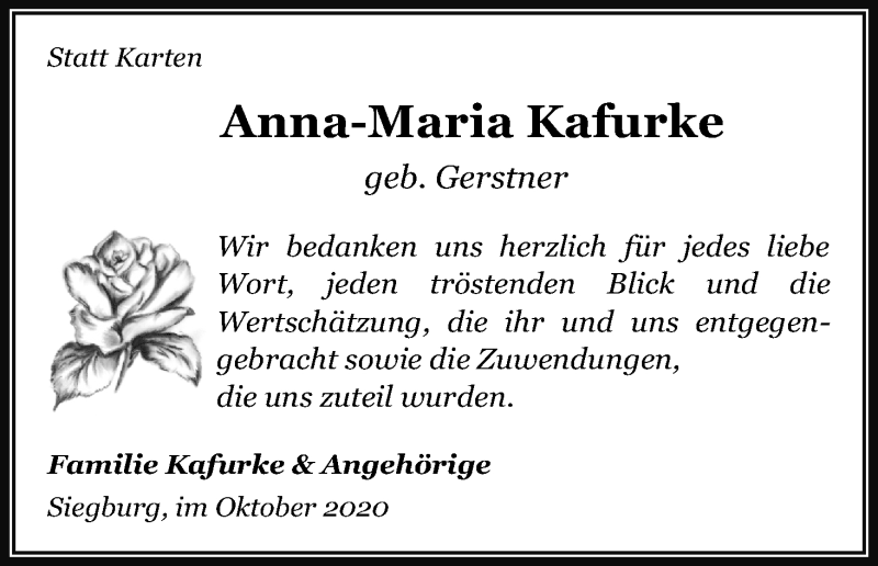  Traueranzeige für Anna-Maria Kafurke vom 10.10.2020 aus Kölner Stadt-Anzeiger / Kölnische Rundschau / Express
