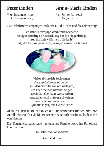 Anzeige von Anna-Maria Linden von Kölner Stadt-Anzeiger / Kölnische Rundschau / Express