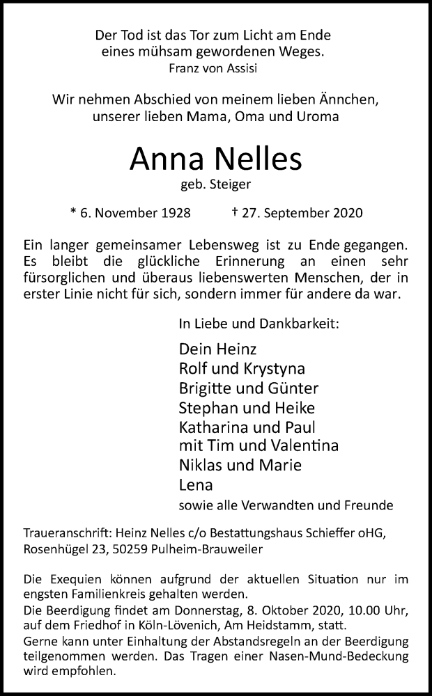  Traueranzeige für Anna Nelles vom 03.10.2020 aus Kölner Stadt-Anzeiger / Kölnische Rundschau / Express
