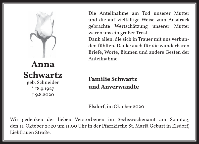  Traueranzeige für Anna Schwartz vom 09.10.2020 aus  Werbepost 