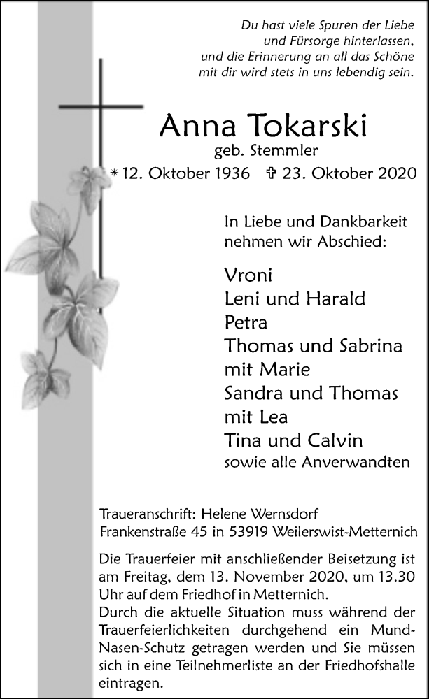  Traueranzeige für Anna Tokarski vom 31.10.2020 aus  Blickpunkt Euskirchen 