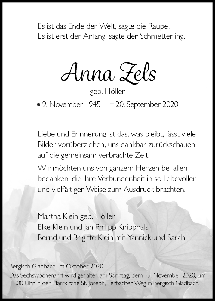  Traueranzeige für Anna Zels vom 31.10.2020 aus Kölner Stadt-Anzeiger / Kölnische Rundschau / Express