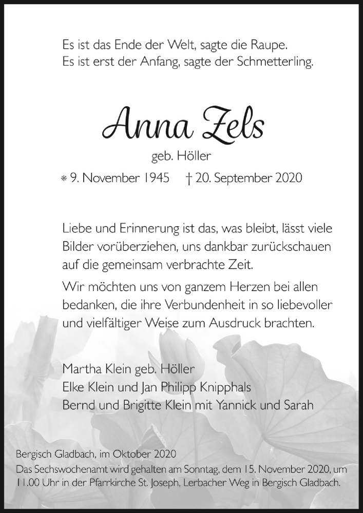  Traueranzeige für Anna Zels vom 30.10.2020 aus  Bergisches Handelsblatt 