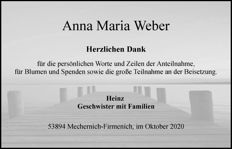  Traueranzeige für Anna Maria Weber vom 02.10.2020 aus  Blickpunkt Euskirchen 