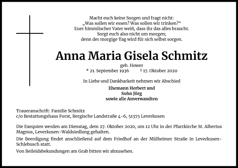 Traueranzeige für Anna Maria Gisela Schmitz vom 24.10.2020 aus Kölner Stadt-Anzeiger / Kölnische Rundschau / Express