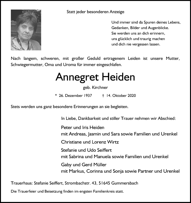  Traueranzeige für Annegret Heiden vom 24.10.2020 aus Kölner Stadt-Anzeiger / Kölnische Rundschau / Express