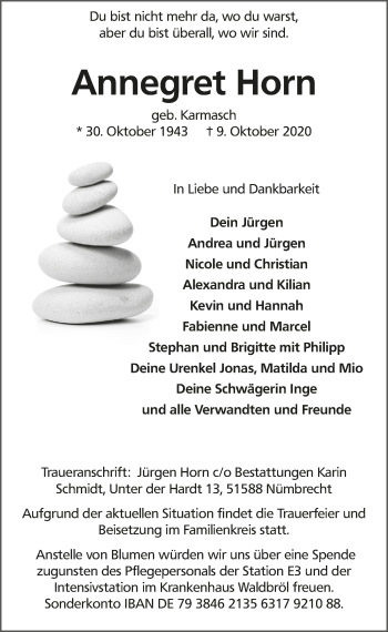 Anzeige von Annegret Horn von  Anzeigen Echo  Lokalanzeiger 