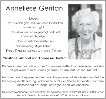 Anzeige von Anneliese Geritan von  Wochenende 