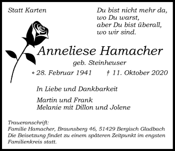 Anzeige von Anneliese Hamacher von Kölner Stadt-Anzeiger / Kölnische Rundschau / Express