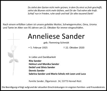 Anzeige von Anneliese Sander von Kölner Stadt-Anzeiger / Kölnische Rundschau / Express
