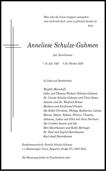 Anzeige von Anneliese Schulze-Gahmen von Kölner Stadt-Anzeiger / Kölnische Rundschau / Express