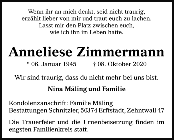 Anzeige von Anneliese Zimmermann von Kölner Stadt-Anzeiger / Kölnische Rundschau / Express