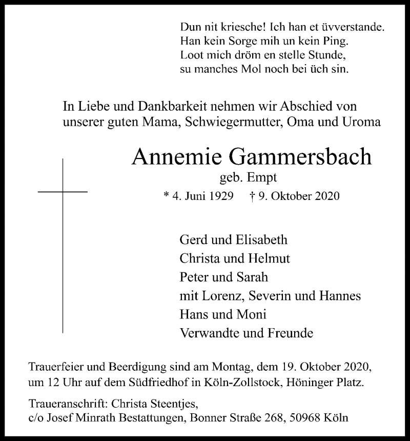  Traueranzeige für Annemie Gammersbach vom 17.10.2020 aus Kölner Stadt-Anzeiger / Kölnische Rundschau / Express