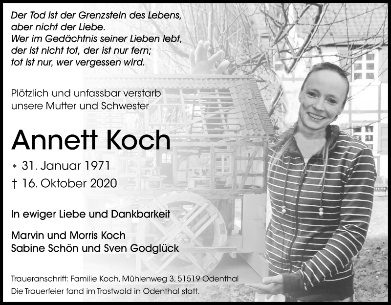  Traueranzeige für Annett Koch vom 31.10.2020 aus Kölner Stadt-Anzeiger / Kölnische Rundschau / Express