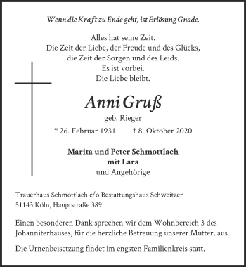 Anzeige von Anni Gruß von  Kölner Wochenspiegel 